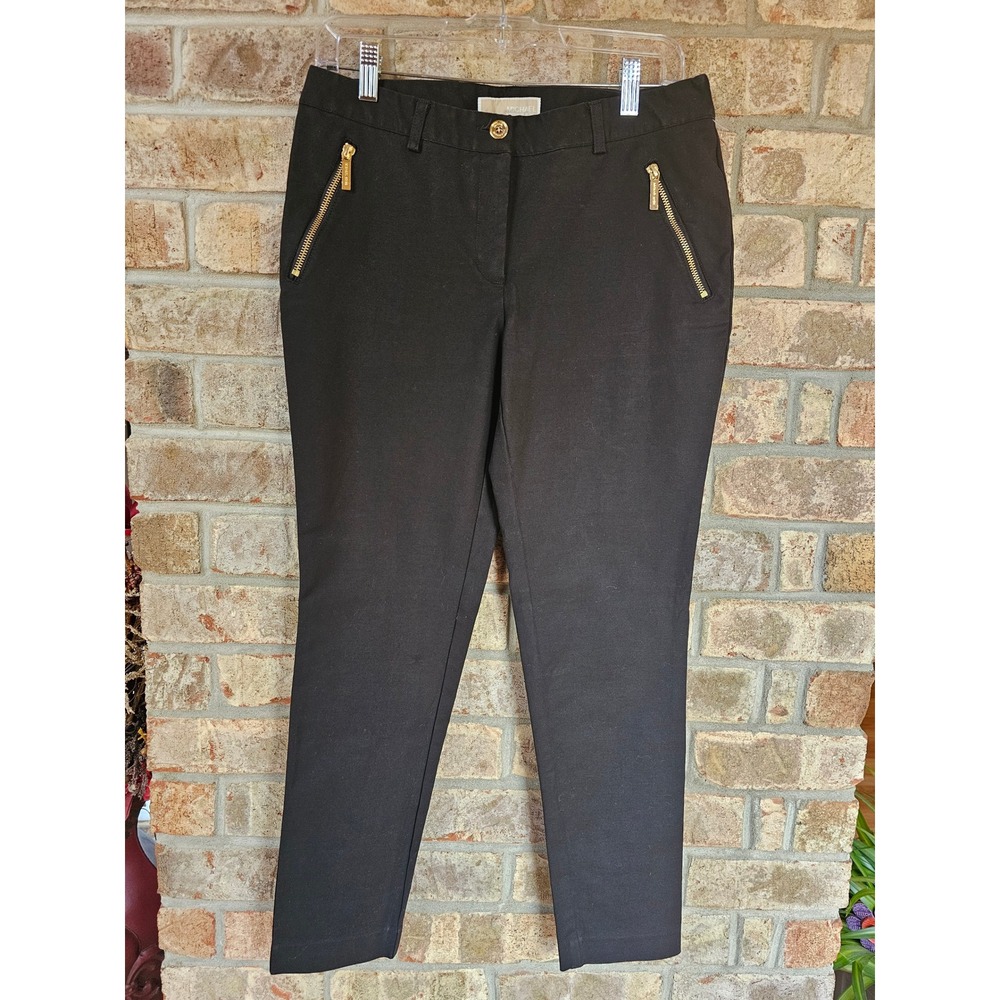 Michael Kors 6 Black Dress‎ Pants Ankle Gold Zip Trousers Career Stretch EUC